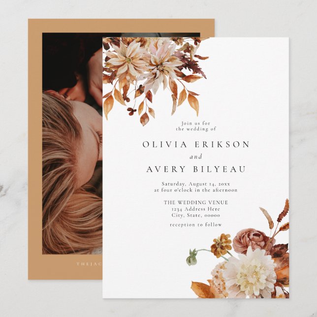 Boho Burnt Orange Autumn Fall Floral Photo Wedding Invitation (Front/Back)