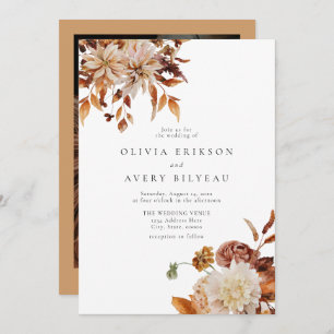 Boho Burnt Orange Autumn Fall Floral Photo Wedding Invitation