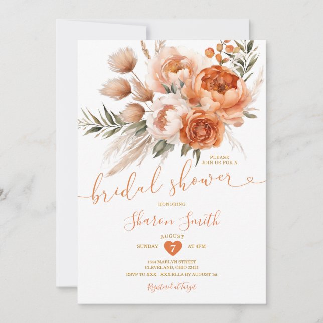 Boho Burnt Orange Coral Flowers Bridal Shower Invitation (Front)