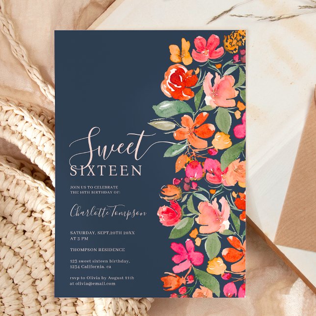 Boho burnt orange earth tone floral chic sweet 16 invitation (Boho burnt orange earth tone floral chic sweet 16 invitation on dark blue)
