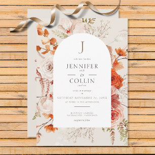 Boho Burnt Orange Fall Floral Arch Monogram Beige Invitation