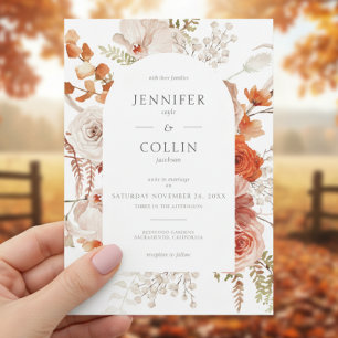 Boho Burnt Orange Fall Floral Arch White Invitation
