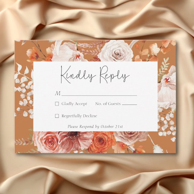 Boho Burnt Orange Fall Floral Monogram Rust RSVP Card (Boho Burnt Orange Fall Floral Monogram Rust RSVP Card)