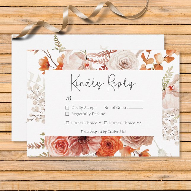 Boho Burnt Orange Fall Floral Monogram White RSVP Card (Creator Uploaded)