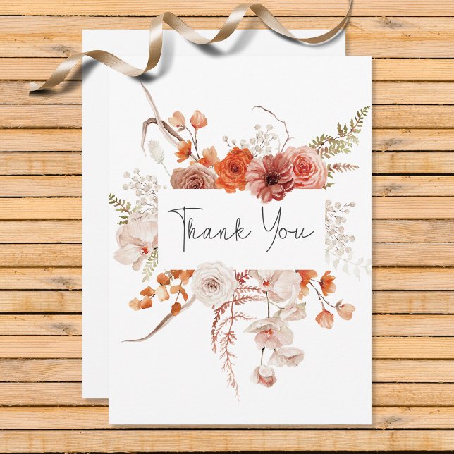 Boho Burnt Orange Floral Arch Monogram White Thank You Card (Creator Uploaded)