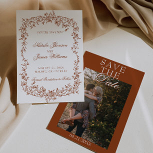 Boho Burnt Orange Floral Botanical Photo Wedding Save The Date