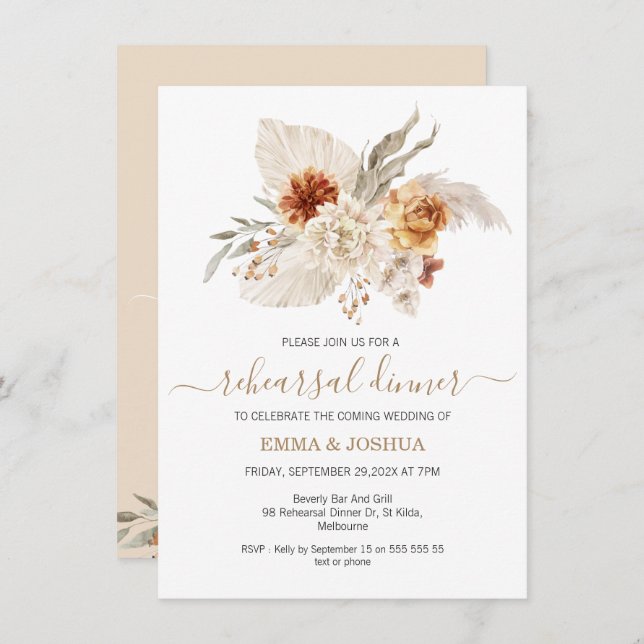 Boho Burnt Orange Floral Bouquet Rehearsal Dinner  Invitation (Front/Back)