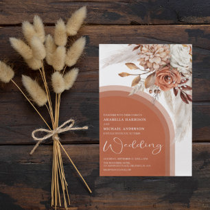 Boho Burnt Orange Floral & Pampas Grass Wedding  Invitation