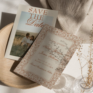 Boho Burnt Orange Floral Terracotta Photo Wedding Save The Date