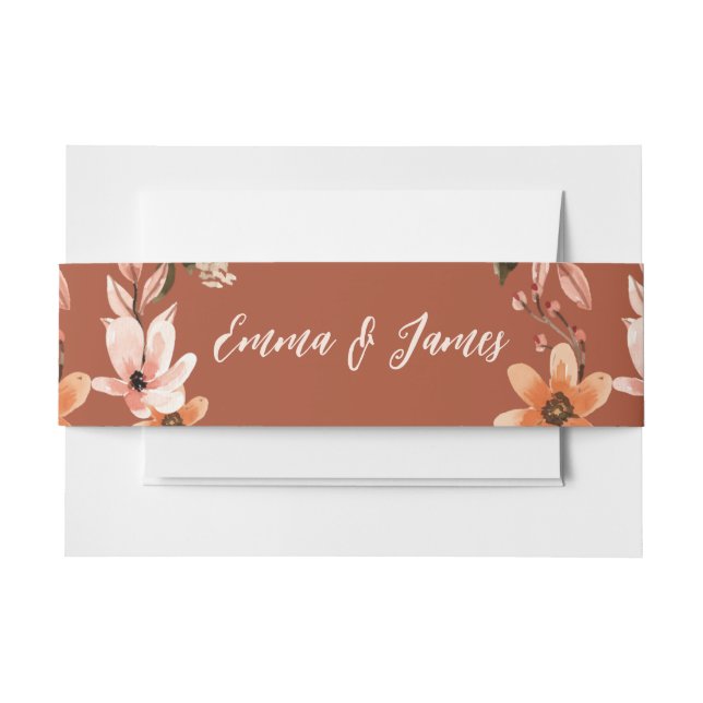 Boho Burnt Orange Floral Wreath Invitation Belly Band (Front Example)