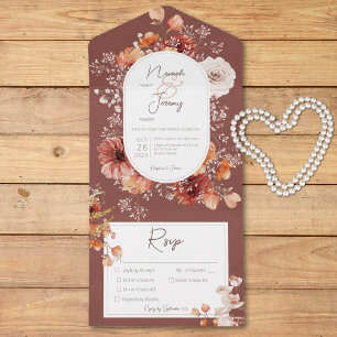 Boho Burnt Orange Rust Fall Floral Three Dinner All In One Invitation