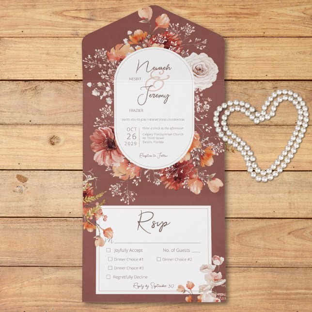 Boho Burnt Orange Rust Fall Floral Three Dinner All In One Invitation (Boho Burnt Orange Rust Fall Floral Three Dinner All In One Invitation)