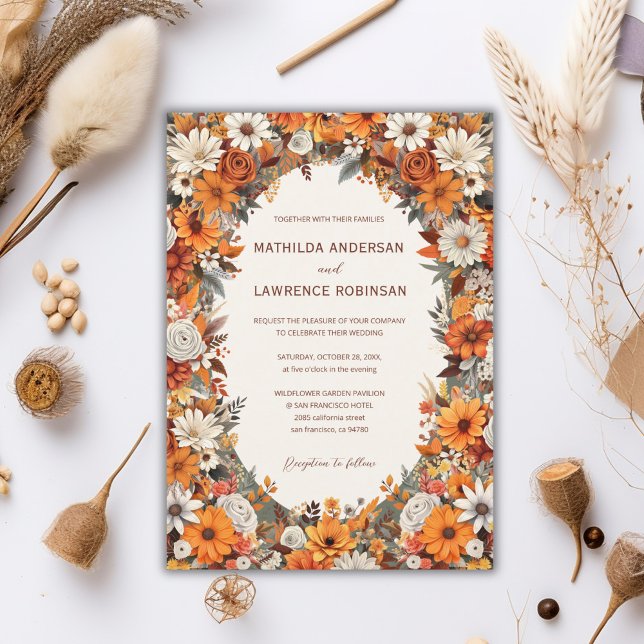 Boho Burnt Orange Sage Floral Photo Fall Wedding Invitation (Boho Chic Burnt Orange Terracota Sage Foliage Floral Photo Fall Wedding Invitation)