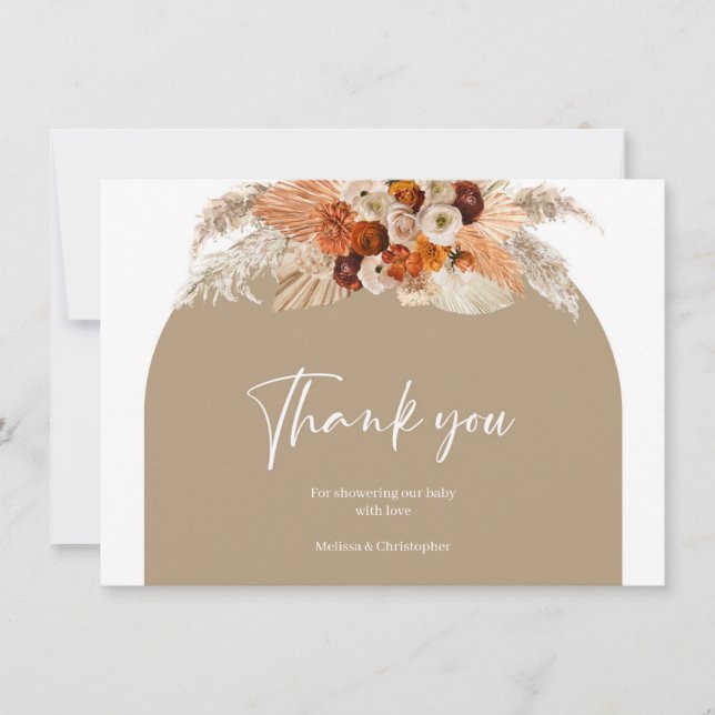 Boho burnt orange terracotta copper floral arch thank you card (Front)
