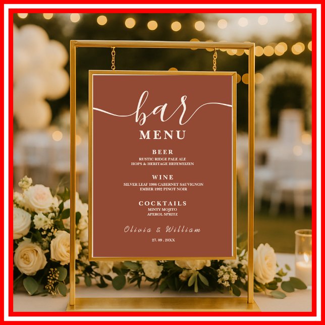 Boho Burnt Orange Terracotta Wedding Bar Menu  Poster (Creator Uploaded)