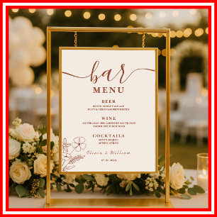 Boho Burnt Orange Wildflowers Wedding Bar Menu Poster
