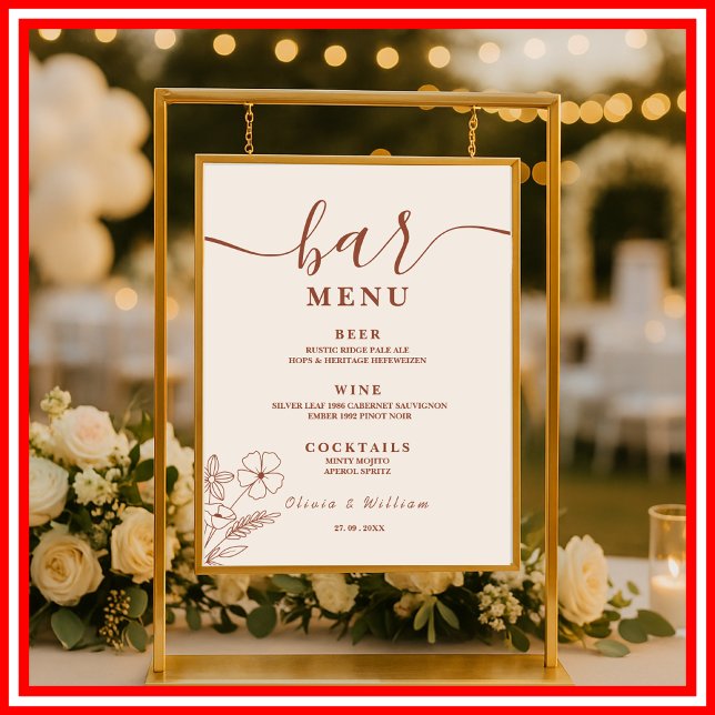 Boho Burnt Orange Wildflowers Wedding Bar Menu  Poster (Creator Uploaded)