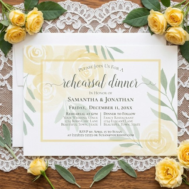Boho Butter Yellow Roses Wedding Rehearsal Dinner Invitation (Creator Uploaded)