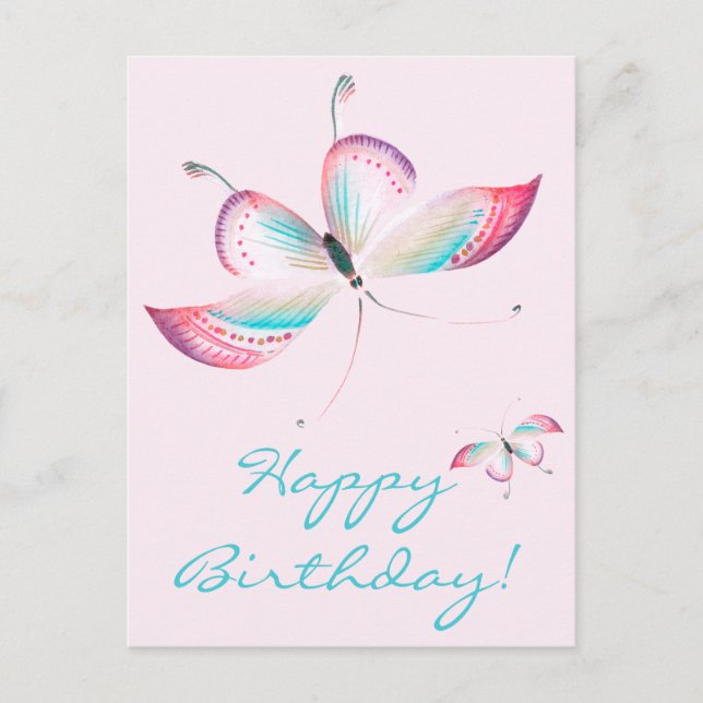 Boho Butterflies | Elegant Pink Birthday Postcard (Front)