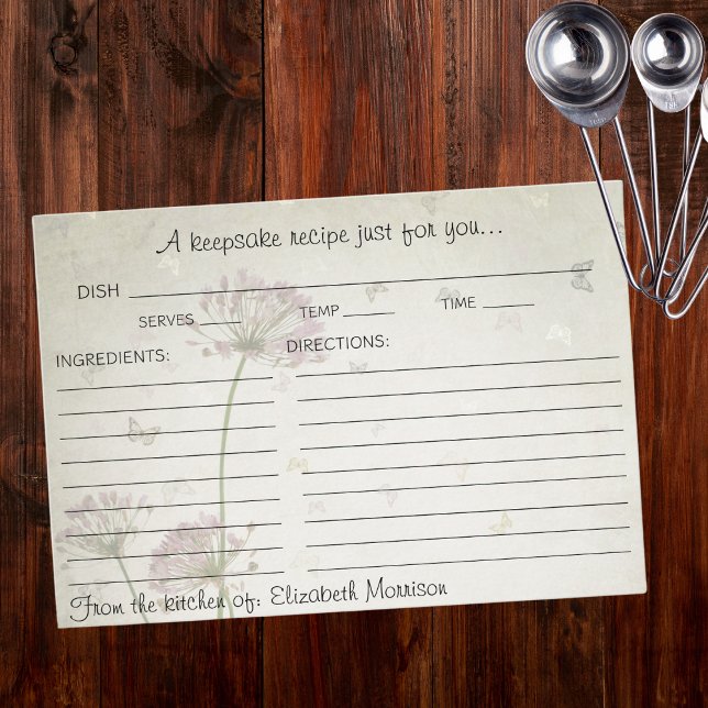 Boho Butterflies & Flowers Bridal Shower Recipe  Enclosure Card (Matching Bridal Shower Recipe Binder also available!)