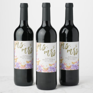 Boho Butterflies Hydrangeas Purple Bridal Shower Wine Label