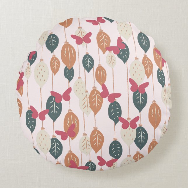 Boho Butterflies & Leaves Pattern Round Pillow (Front)