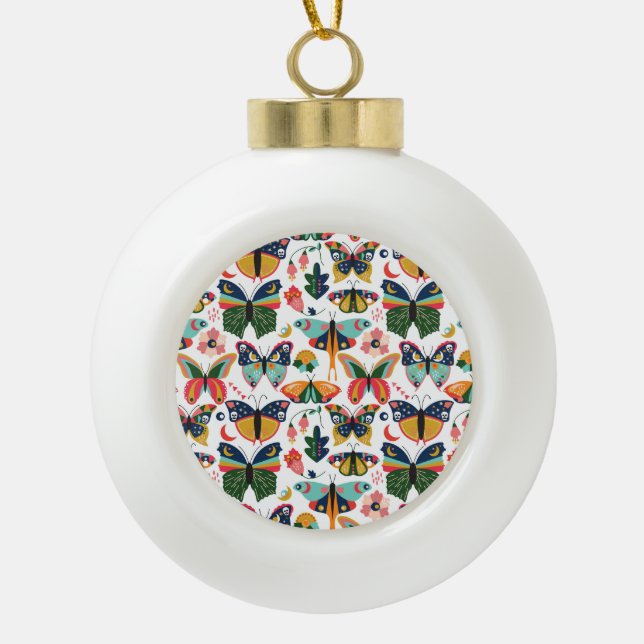 Boho Butterflies: Seamless Wallpaper Pattern. Ceramic Ball Christmas Ornament (Front)