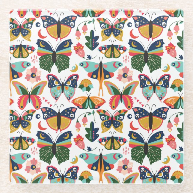 Boho Butterflies: Seamless Wallpaper Pattern. Glass Coaster (Front)