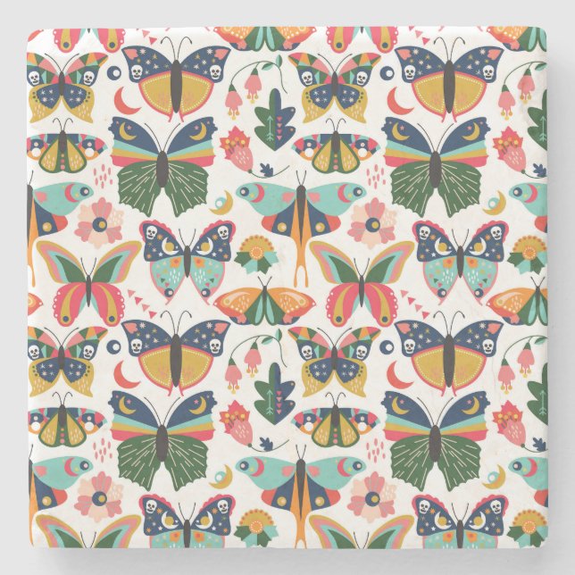 Boho Butterflies: Seamless Wallpaper Pattern. Stone Coaster (Front)
