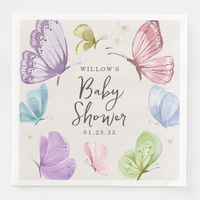 Boho Butterfly Baby Shower 8 inch Paper Napkins (Front)