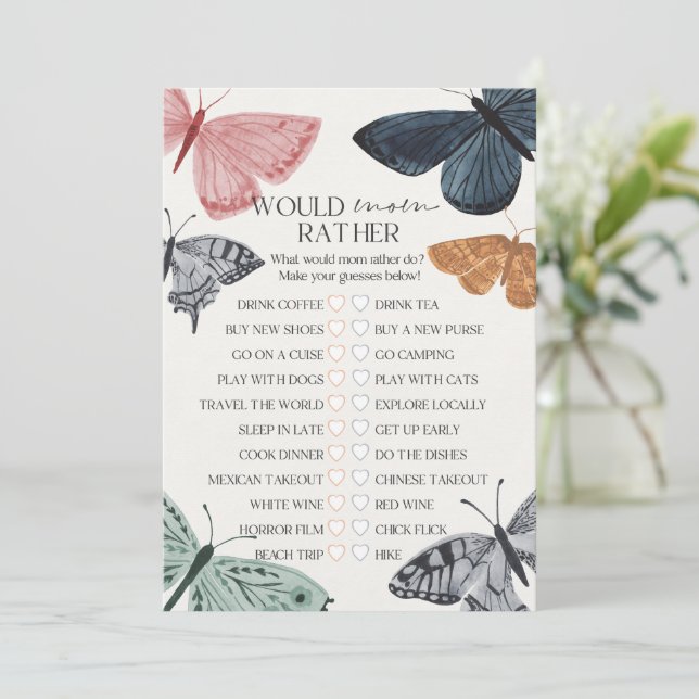 Boho Butterfly Baby Shower Would Mum Rather Game Invitation (Standing Front)