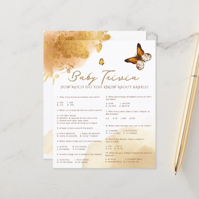 Boho Butterfly Baby Trivia Baby Shower Game (Front/Back In Situ)