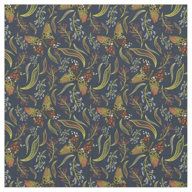 Boho Butterfly Blue Floral Pattern Fabric (Close Up)