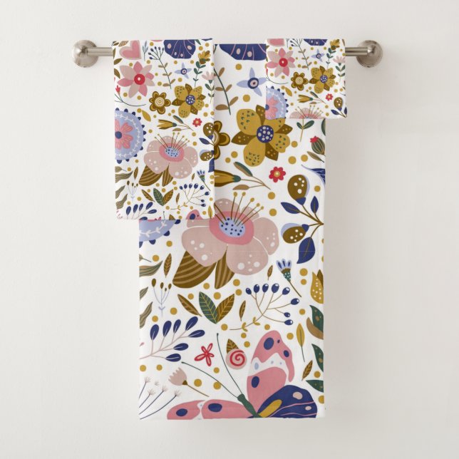 Boho Butterfly Colourful Wildflower Pattern Bath Towel Set (Insitu)