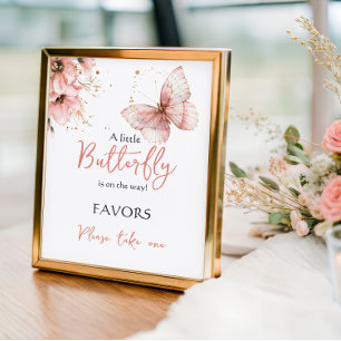 Boho Butterfly Floral Pink Girl Baby Shower Favor Poster
