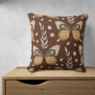Boho Butterfly Leaf Pattern on Brown Cushion