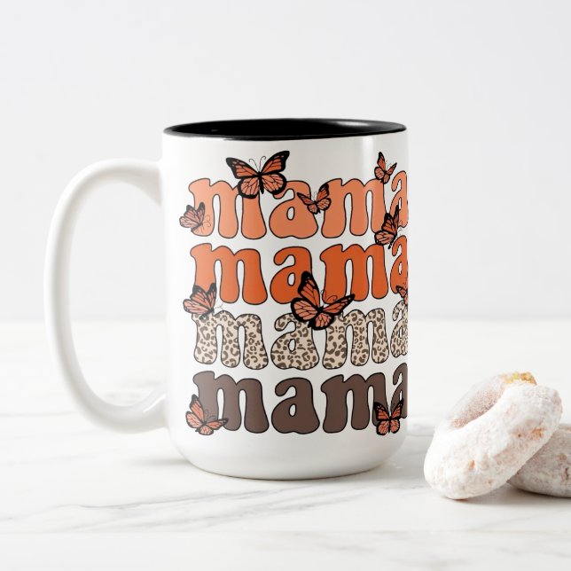 Boho Butterfly Mama Stacked Typography Graphic Two-Tone Coffee Mug (With Donut)