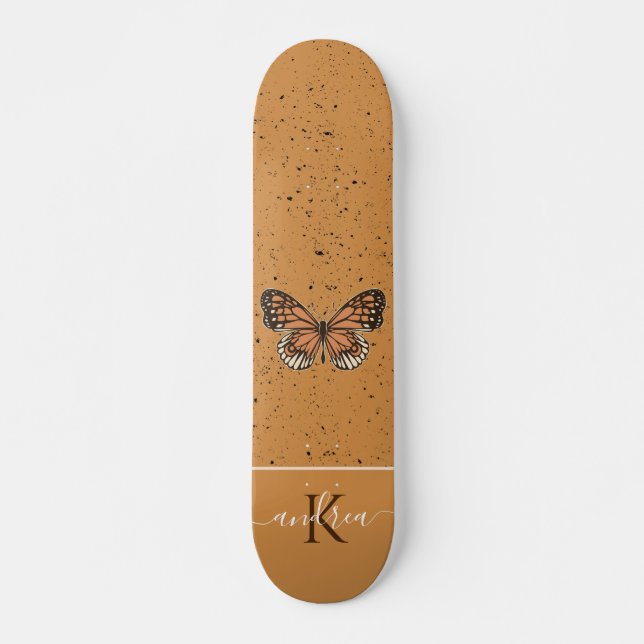 Boho Butterfly Orange Grunge Monogram Name Pretty  Skateboard (Front)