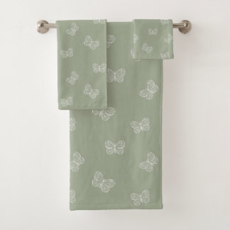 Boho Butterfly Pattern Neutral Modern Sage Green Bath Towel Set