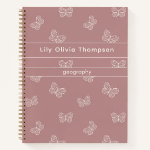 Boho Butterfly Pattern School Girls Name Mauve Notebook