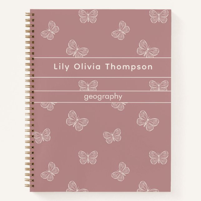 Boho Butterfly Pattern School Girls Name Mauve Notebook (Front)