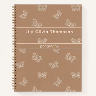 Boho Butterfly Pattern School Girls Name Tan Brown Notebook