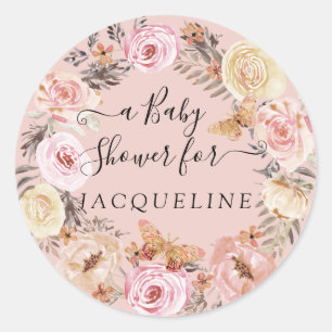 Boho Butterfly Pink Watercolor Floral Wreath Baby Classic Round Sticker