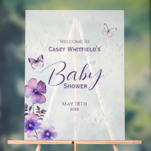 Boho Butterfly Purple Floral Baby Shower Welcome Acrylic Sign