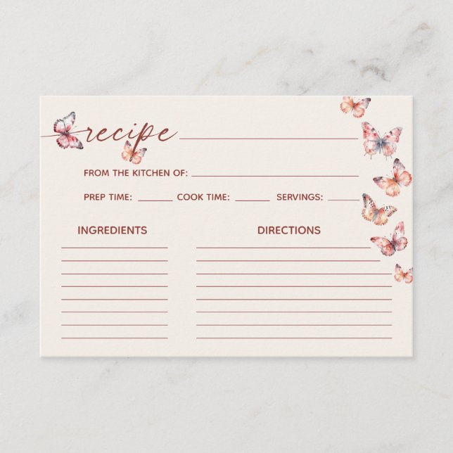 Boho Butterfly Recipe Bridal Shower  Enclosure Card (Front)