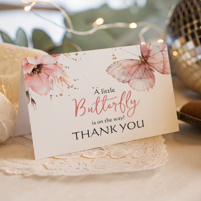 Boho Butterfly Wild Floral Pink Girl Baby Shower Thank You Card (Creator Uploaded)