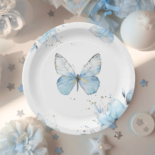 Boho Butterfly Wildflower Floral Blue Baby Shower Paper Plate