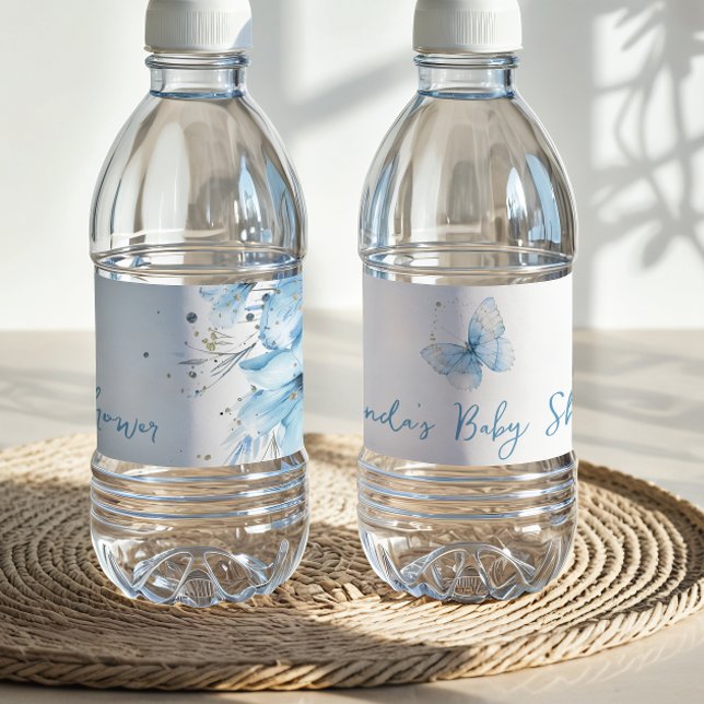 Boho Butterfly Wildflower Floral Blue Baby Shower Water Bottle Label (Creator Uploaded)