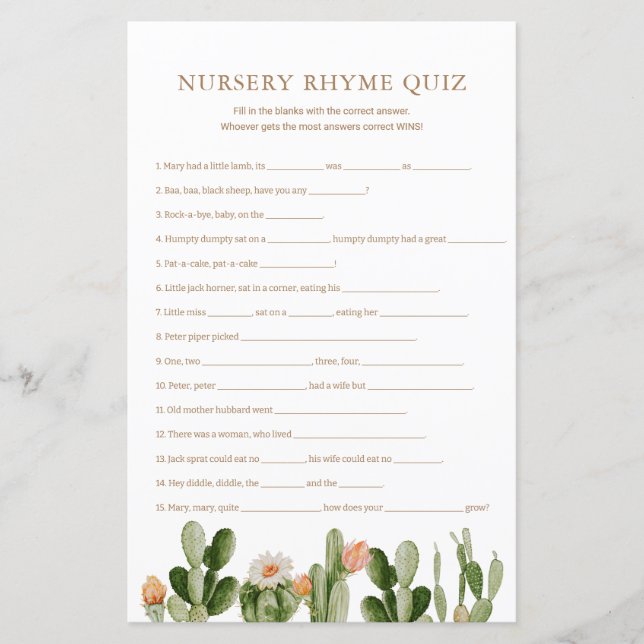 Boho Cactus Baby Shower Nursery Rhyme Quiz (Front)