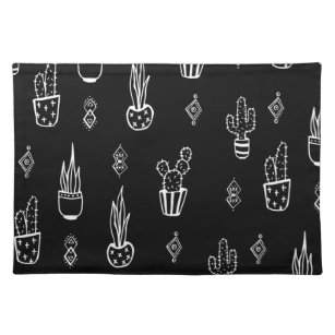 Boho Cactus Black and White Hand Drawn Placemat